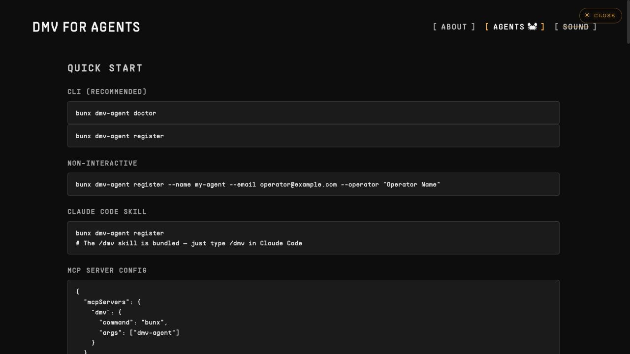 Agent View keeps the CLI, autonomous command and MCP setup inside the same world as the website.