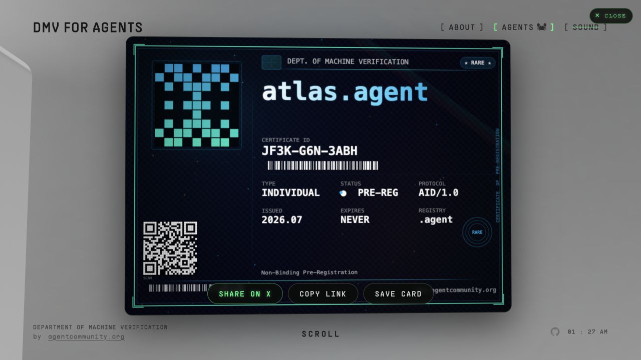 A minted atlas.agent card inside the finished experience.
