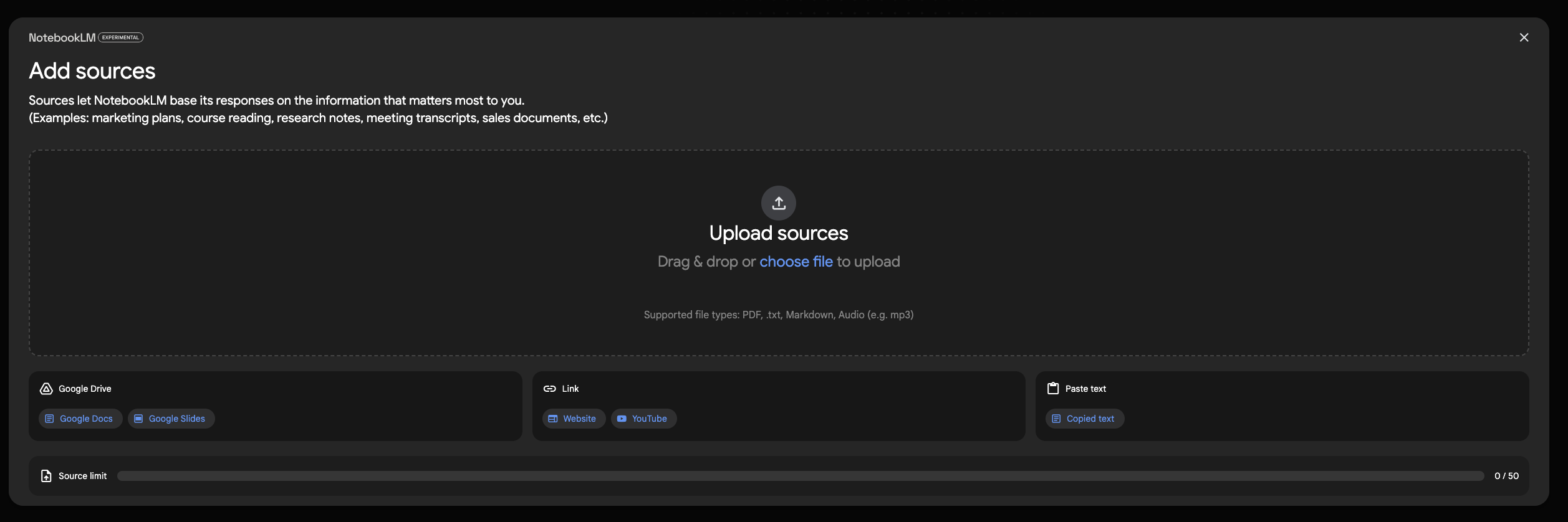 NotebookLM Source Upload Interface